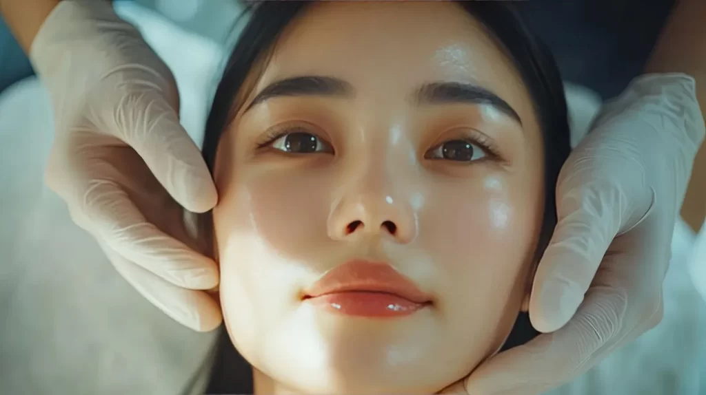 Gloved practitioner treating woman's face