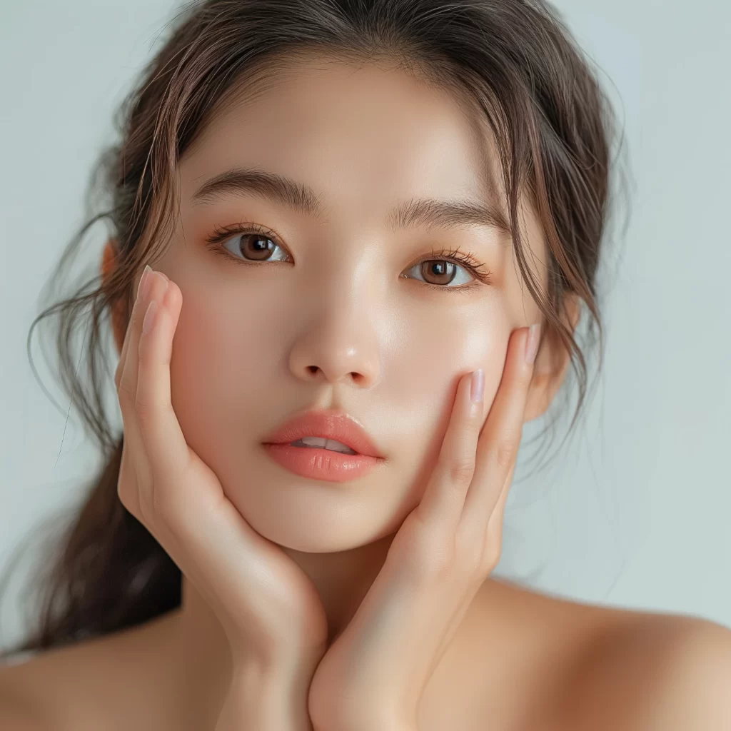 Young woman with clear skin and natural makeup gently holding her face with both hands against a light background