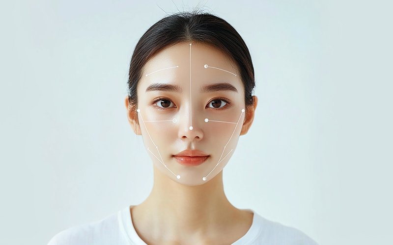 Woman face with markings analyzing facial proportions for non-surgical treatments