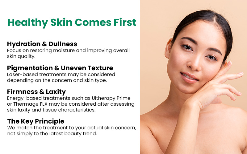 Person with clear skin touching face.