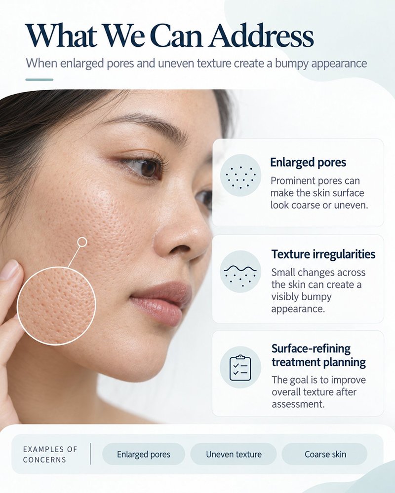 Educational graphic explaining enlarged pores and facial skin texture concerns
